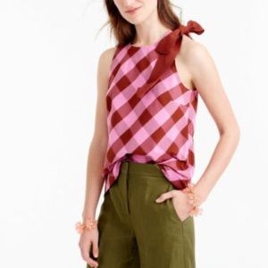 J.CREW Pink Bow-Shoulder Gingham Check Plaid Tank